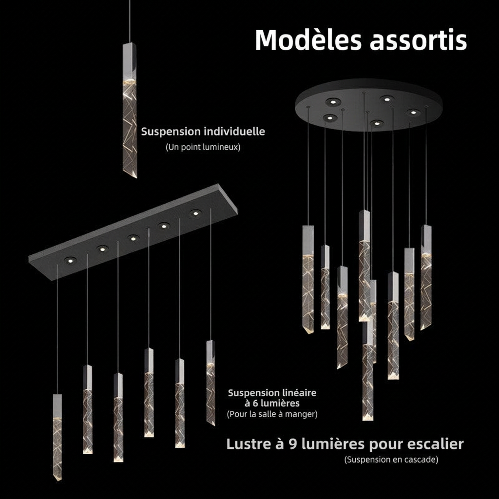 Lustre LED noir en cristal avec télécommande