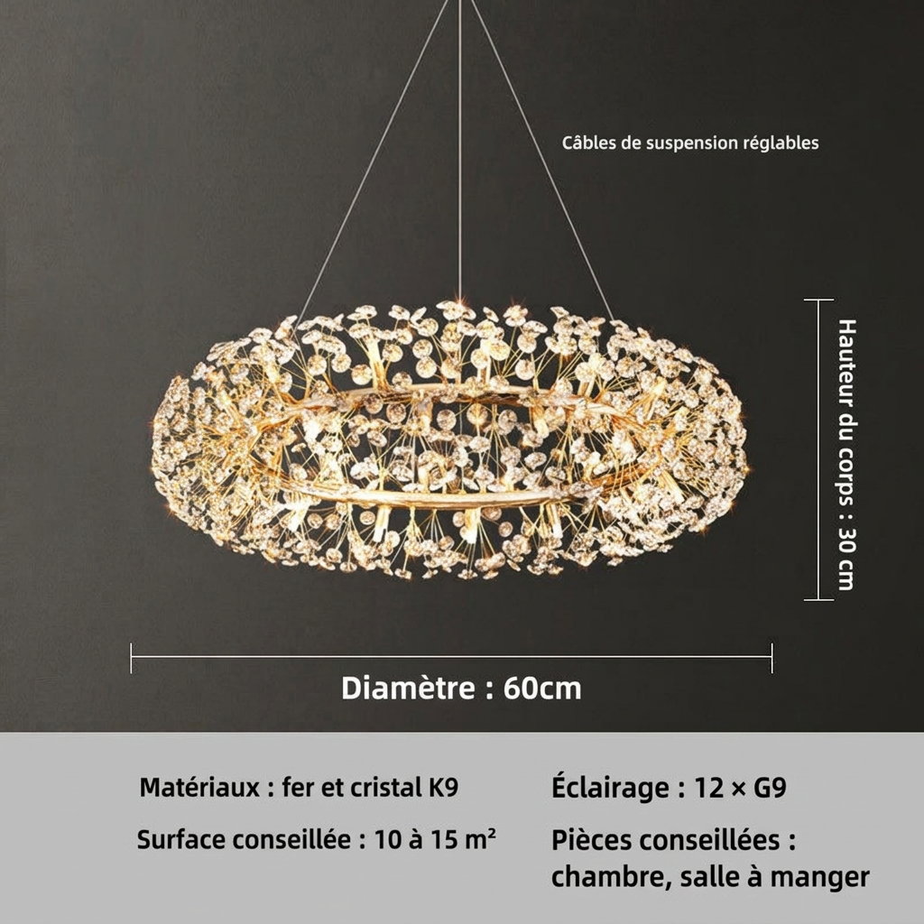 Lustre à anneau doré et éléments en cristal