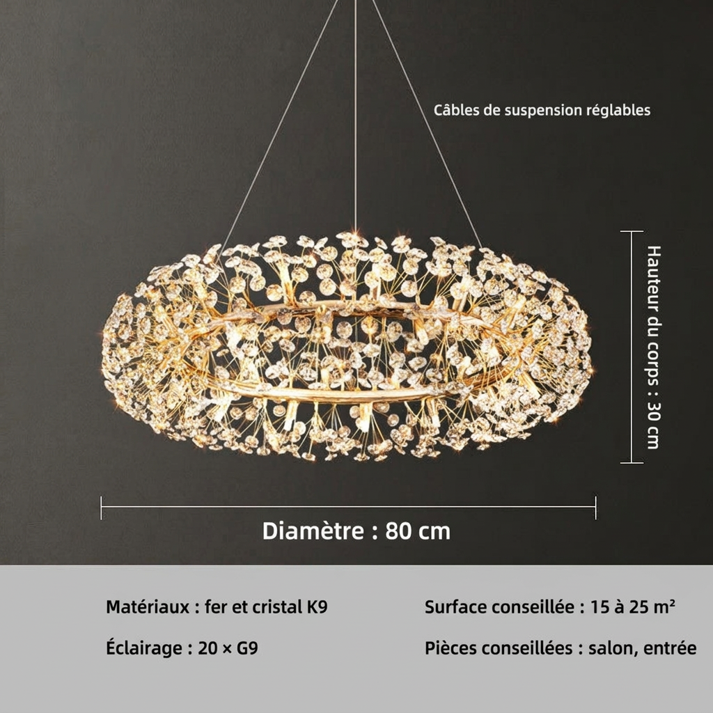 Lustre à anneau doré et éléments en cristal