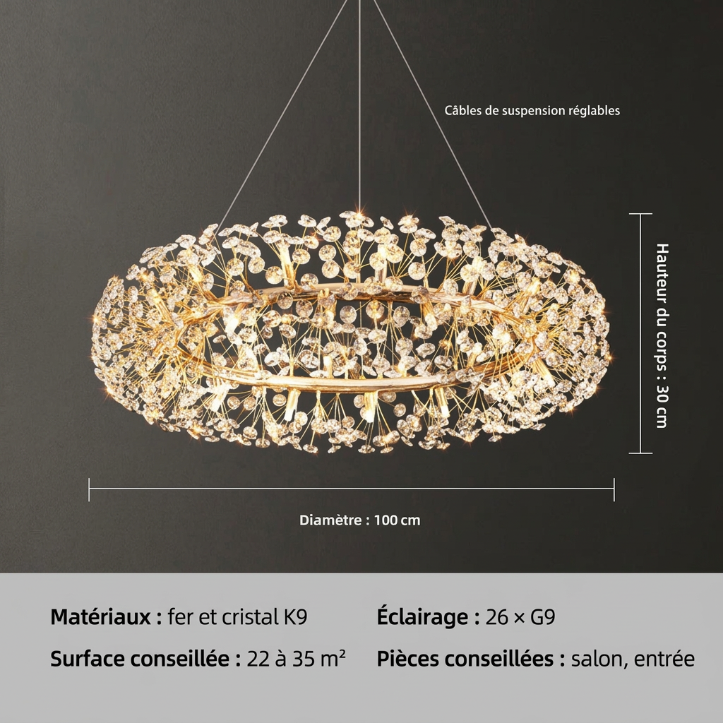 Lustre à anneau doré et éléments en cristal