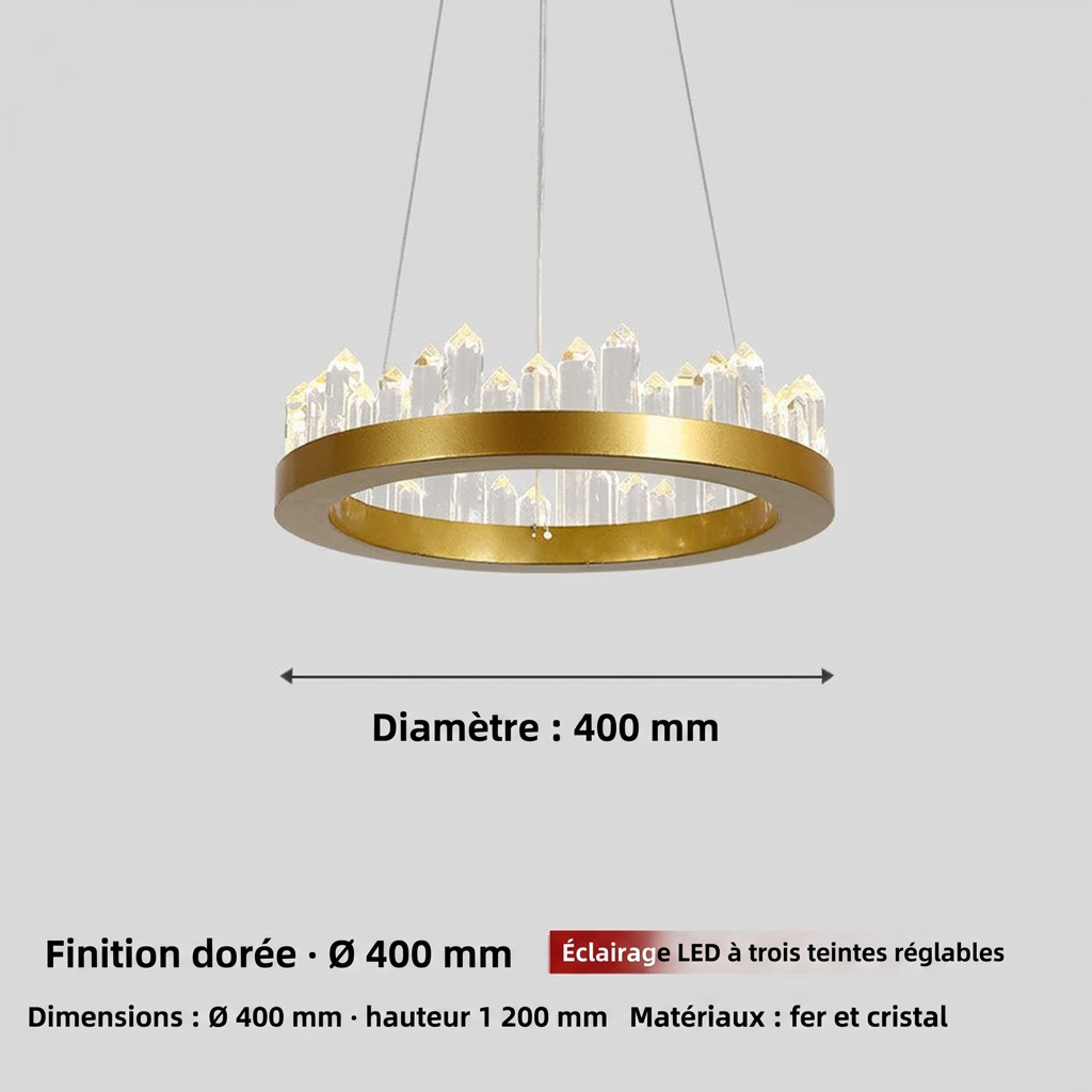 Lustre LED rond en cristal, finition noire ou dorée