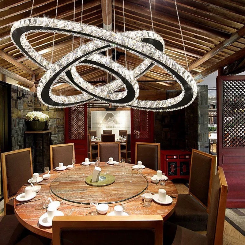 Lustre LED contemporain à cristaux, finition dorée