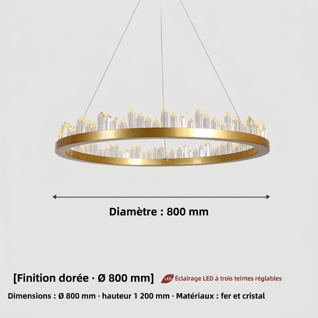 Lustre LED rond en cristal, finition noire ou dorée