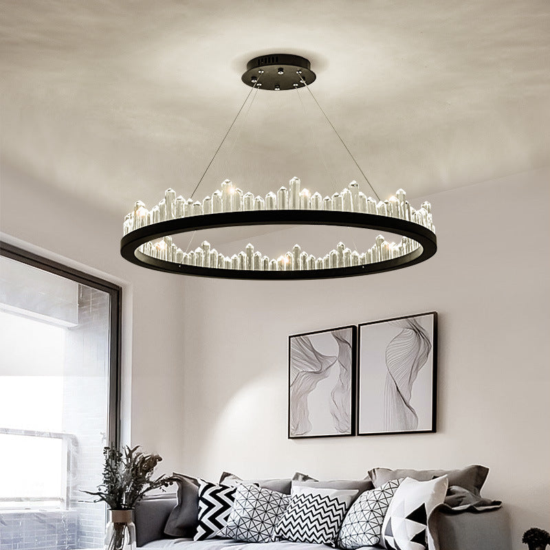 Lustre LED rond en cristal, finition noire ou dorée
