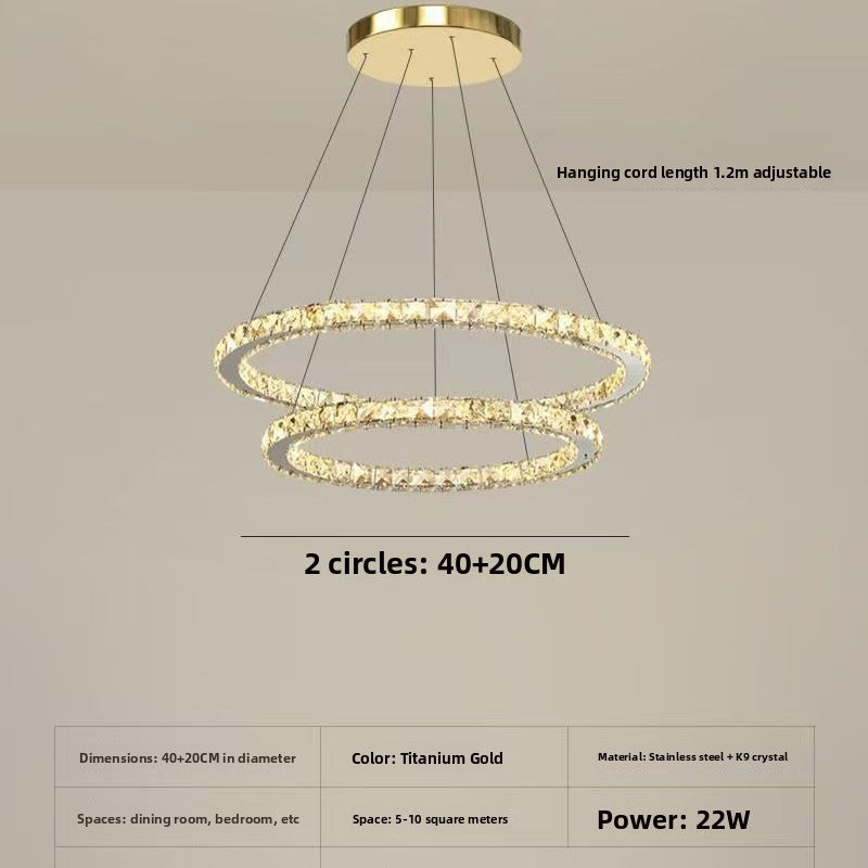 Lustre LED contemporain à cristaux, finition dorée
