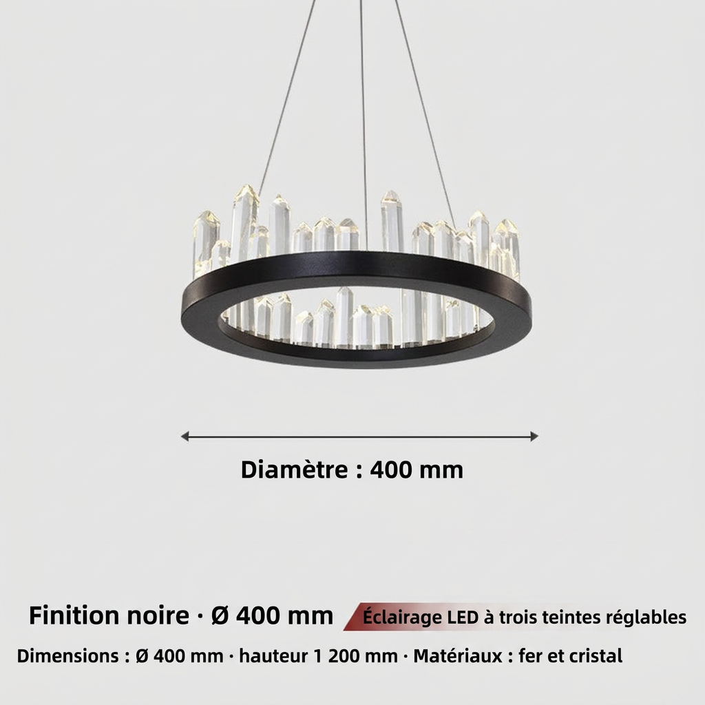 Lustre LED rond en cristal, finition noire ou dorée