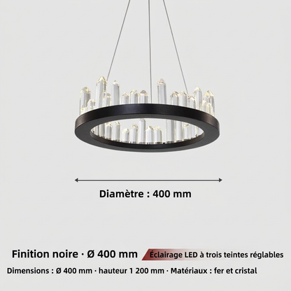 Lustre LED rond en cristal, finition noire ou dorée