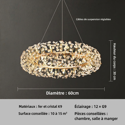 Lustre à anneau doré et éléments en cristal