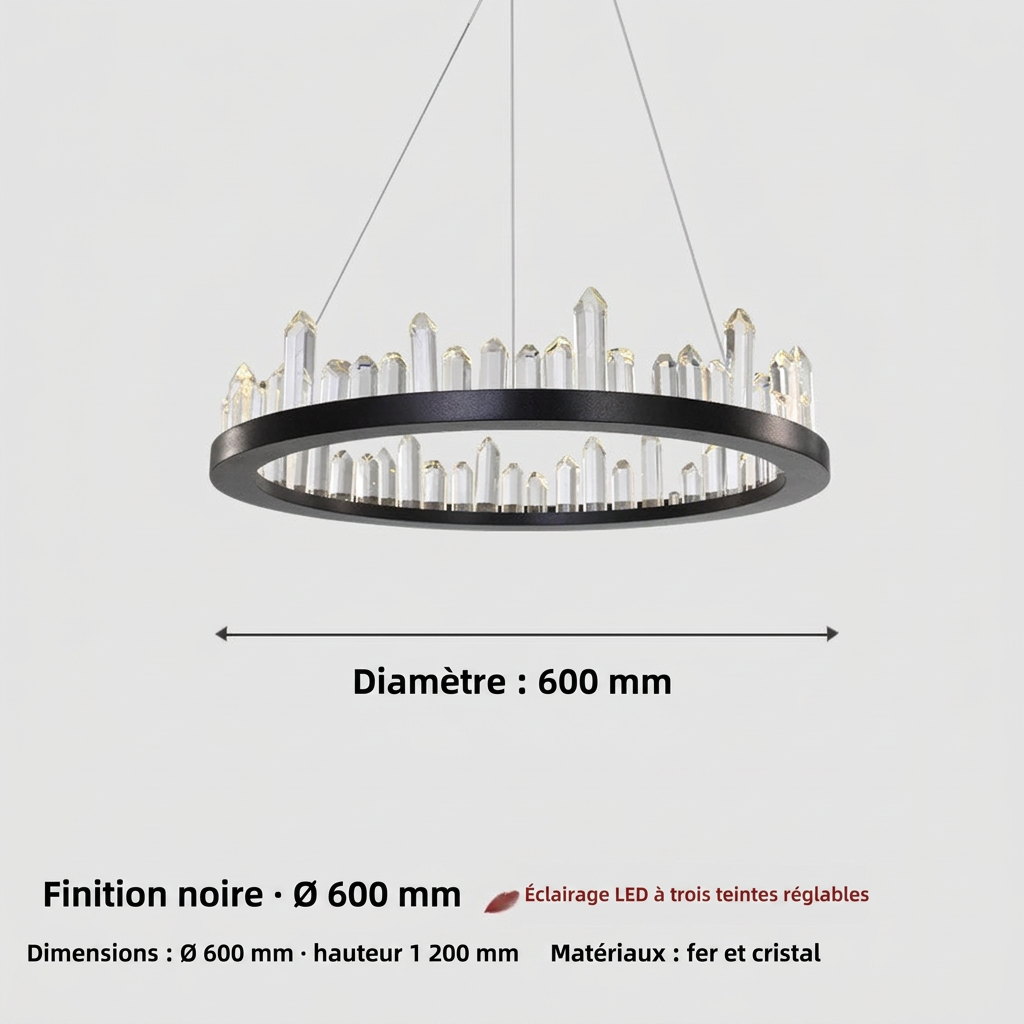 Lustre LED rond en cristal, finition noire ou dorée