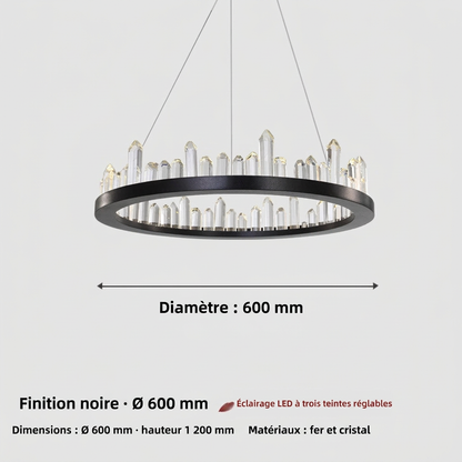 Lustre LED rond en cristal, finition noire ou dorée