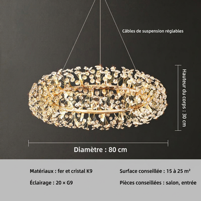 Lustre à anneau doré et éléments en cristal