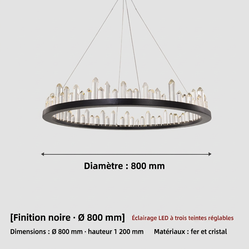 Lustre LED rond en cristal, finition noire ou dorée