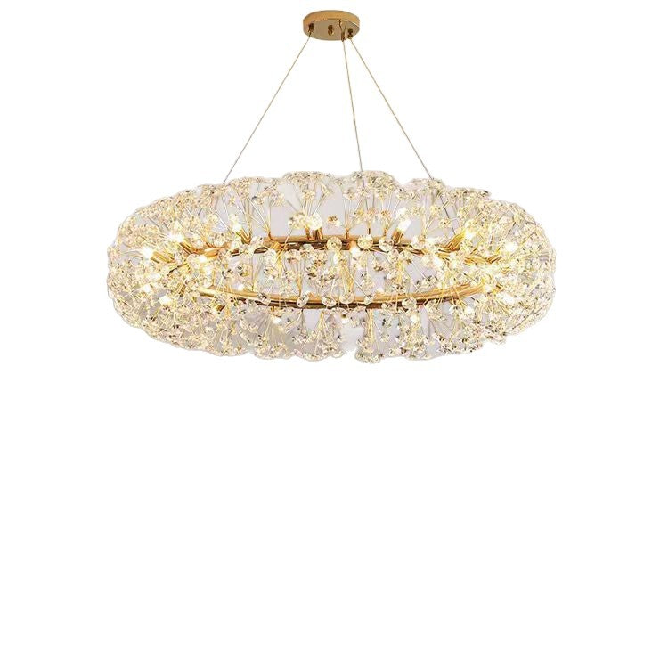 Lustre à anneau doré et éléments en cristal