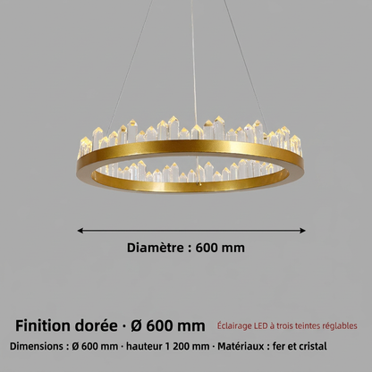 Lustre LED rond en cristal, finition noire ou dorée