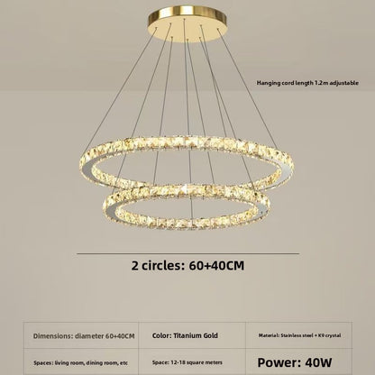 Lustre LED contemporain à cristaux, finition dorée